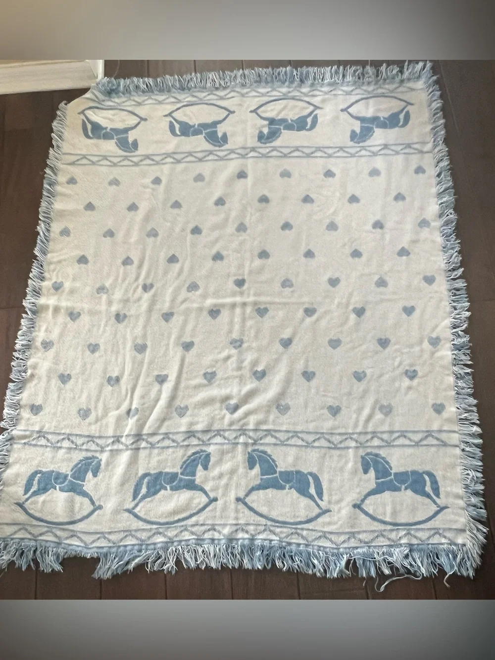 Vintage 80s Blue and White Hearts and Rocking Horses Blanket w/Fringe